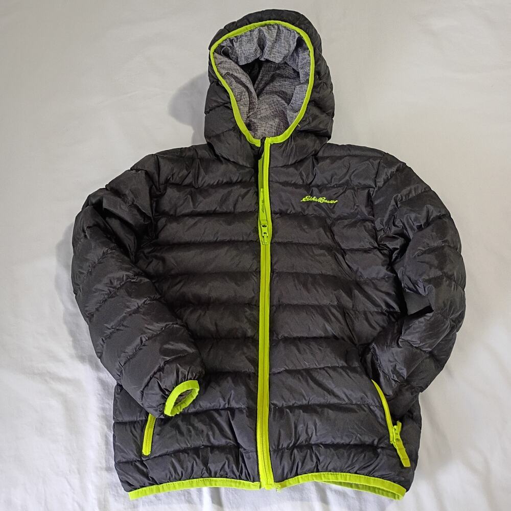 Eddie Bauer DOWN S(7/8) YOUTH Reversible Puffer Jacket Black/Lime/Grey Easy Care